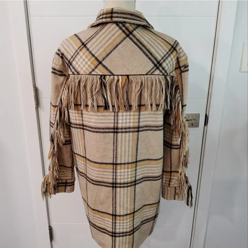 FORE Plaid Fringe Long Line Jacket Size S